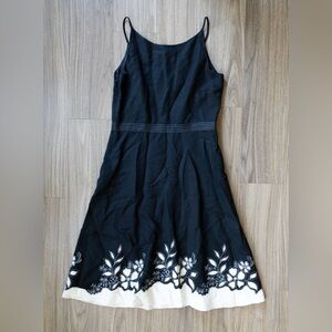 Ann Taylor Black White Floral Embroidered Linen Midi Dress Sz 4 Cottagecore